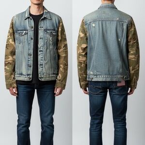 Men's Ralph Lauren Distresses Denim Jacket with Camouflage Sleeves